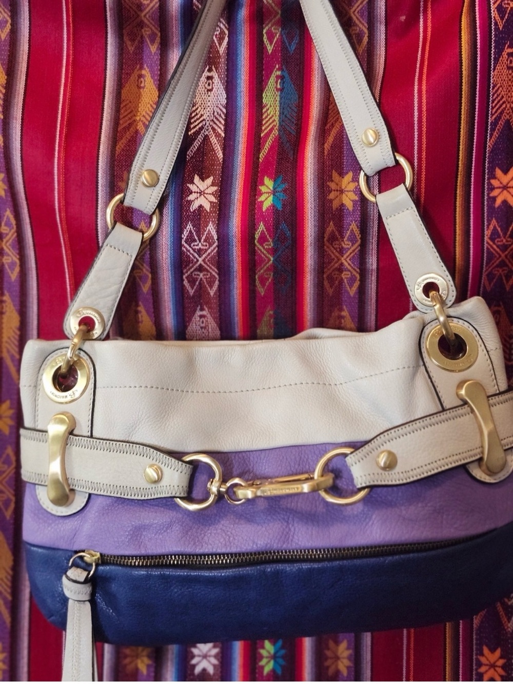 b. makowsky Cream, Lavender & Navy Leather Colorblock Shoulder Bag